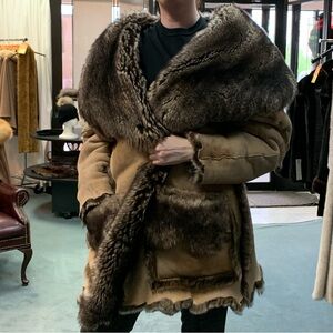 Robert Comstock Genuine Suede Shearling Chewed Hem Unisex Oversized Jacket